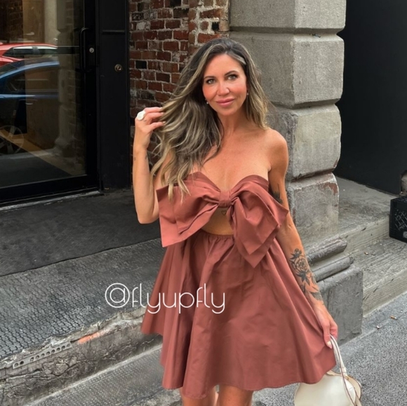 Zara * Bow Mini Dress Brown Size L - Picture 6 of 16